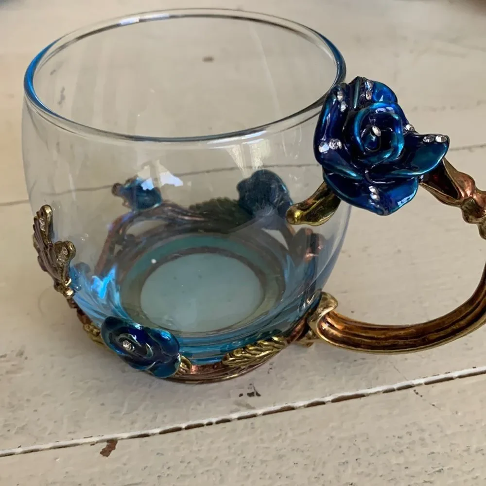 ARC of France Clear Glass Cup Mug Enamel Floral Butterfly With Clear Stone
